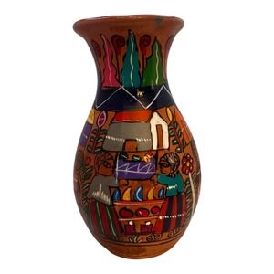 Vintage Mexican‎ Folk Art Terracotta 8" Vase Hand Painted Village Scene Pottery
